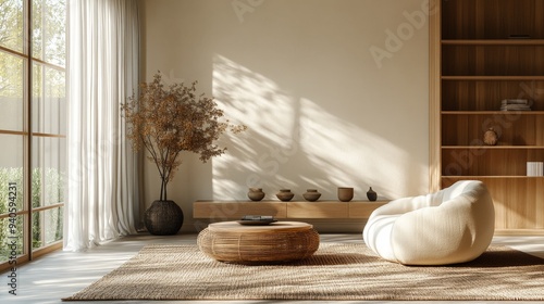 Minimalist, japandi interior design of modern living room with accent armchair