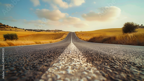 An open asphalt road invites adventure, winding through lush green hills under a clear blue sky, perfect for abstract travel wallpaper ai generative..