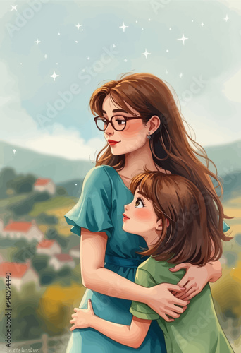 Mother and daughter hug in the countryside