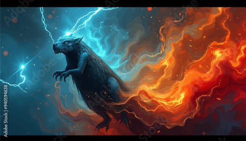 Mystical creature with glowing eyes and fiery tail