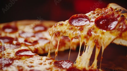 Hot Pepperoni Pizza Slice on a Rustic Wooden Table, Close-up, Delicious Food Generative AI