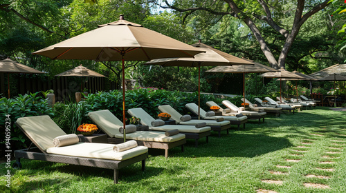 Luxurious Outdoor Lounge with Sunbeds and Umbrellas in a Lush Garden Setting photo