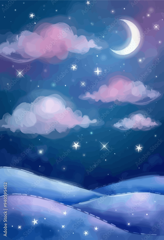 Naklejka premium Night Sky with Moon and Stars, Clouds, and Waves