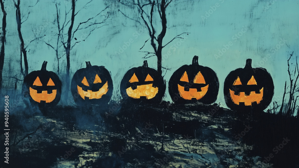 Spooky Halloween Jack-o'-Lanterns Glowing on Hilltop in Creepy Forest at Dusk Spooky Halloween Jack-o'-Lanterns Glowing on Hilltop in Creepy Forest at Dusk