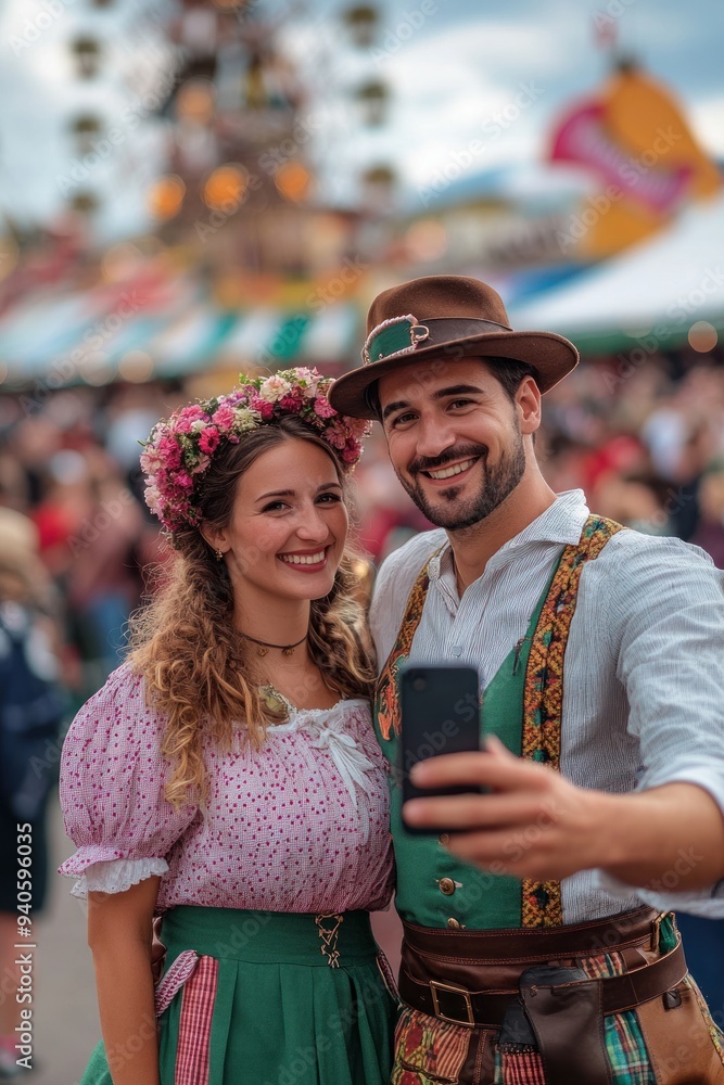 Obraz premium Smiling couple in traditional Bavarian clothing at Oktoberfest