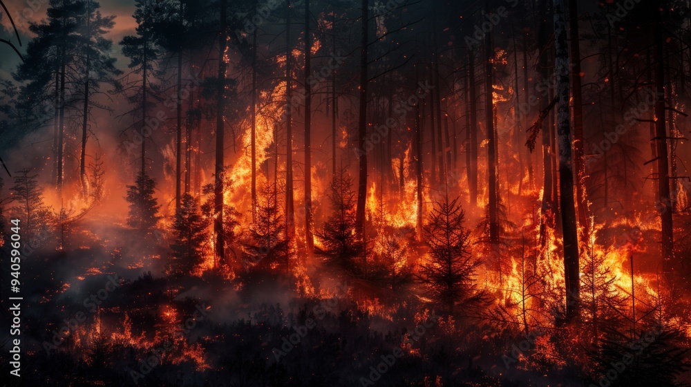 A dramatic and clear photo of a raging forest fire under a midnight sky, with intense flames illuminating the trees. A dramatic and clear photo of a raging forest fire under a midnight sky, with intense flames illuminating the trees.