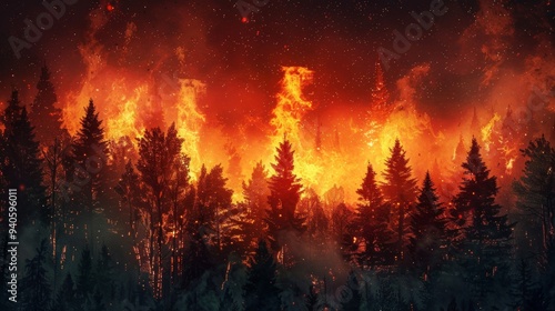 A dramatic and clear photo of a raging forest fire under a midnight sky, with intense flames illuminating the trees. 