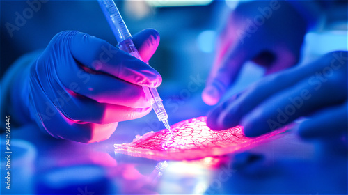 In the medical laboratory, tests are carried out on a sample of artificial skin for transplantation. close-up.