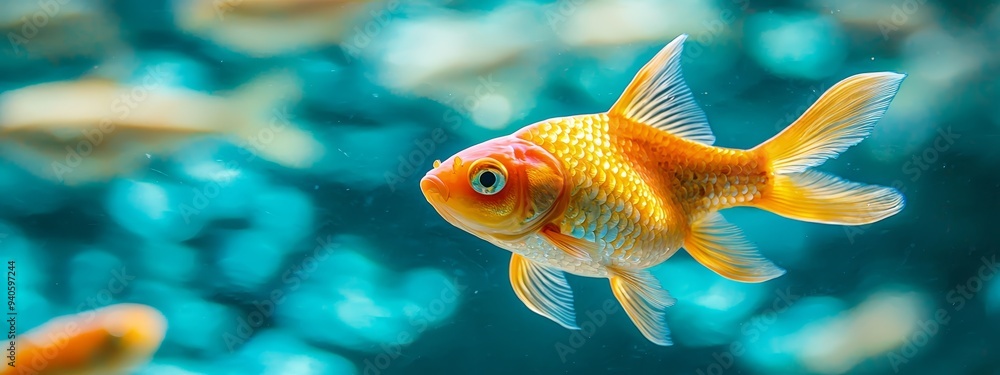 A tight shot of a golden fish swimming in an aquarium, surrounded by companions in the foreground A tight shot of a golden fish swimming in an aquarium, surrounded by companions in the foreground