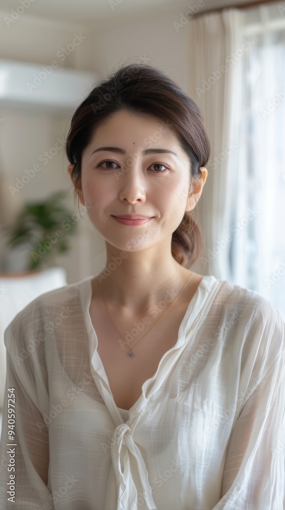 Smiling woman in a bright room with natural light, wearing a white blouse, looking towards the camera with a calm expression. Smiling woman in a bright room with natural light, wearing a white blouse, looking towards the camera with a calm expression.