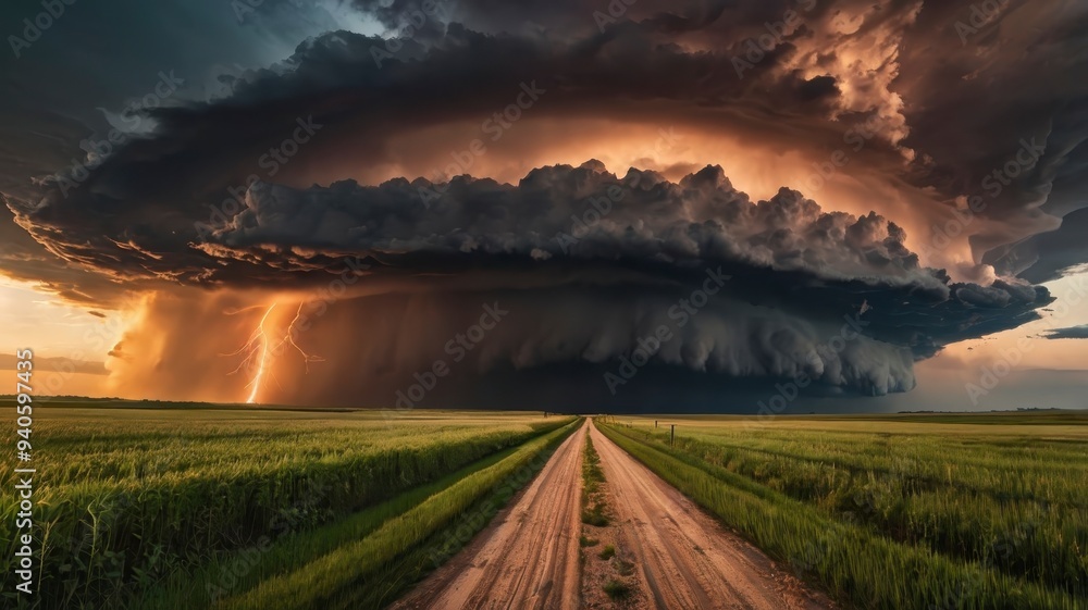 Obraz premium Dramatic supercell thunderstorm with sunset, dirt road, and fields