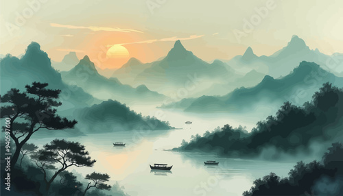 Peaceful River Scenery with Boats and Sunset