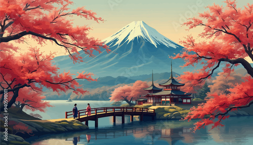 Peaceful Scenery: Couple on Bridge with Mountain View