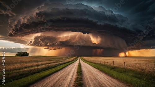 Dramatic supercell thunderstorm with sunset, dirt road, and fields