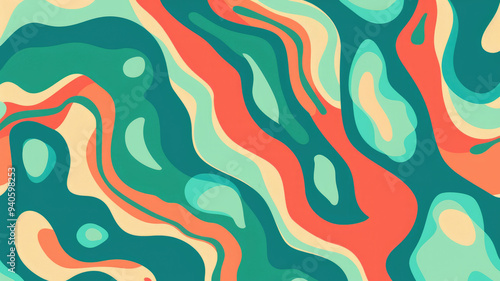 Abstract psychedelic waves pattern with turquoise coral and mint green tones