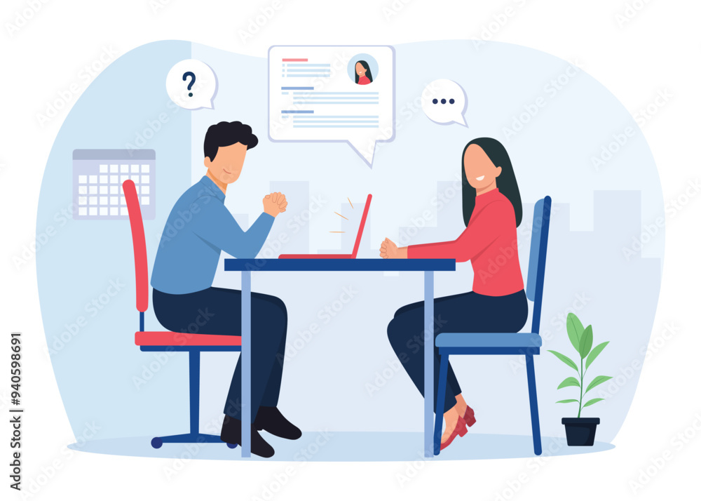 Job interview concept illustration. Modern flat vector illustration of a man talking to a woman with a laptop. Vector illustration. Job interview concept illustration. Modern flat vector illustration of a man talking to a woman with a laptop. Vector illustration.