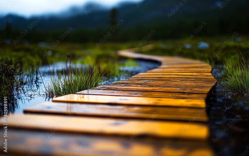A serene wooden pathway winding through lush greenery and reflective water, inviting exploration and tranquility in nature. A serene wooden pathway winding through lush greenery and reflective water, inviting exploration and tranquility in nature.