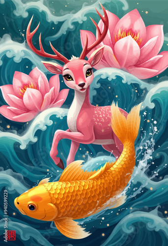 Pink Deer and Goldfish in a Fantasy Ocean