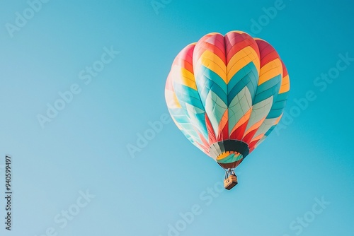 A serene aerial scene captures an adventurer soaring in a vibrant hot air balloon beneath a bright azure sky. photo