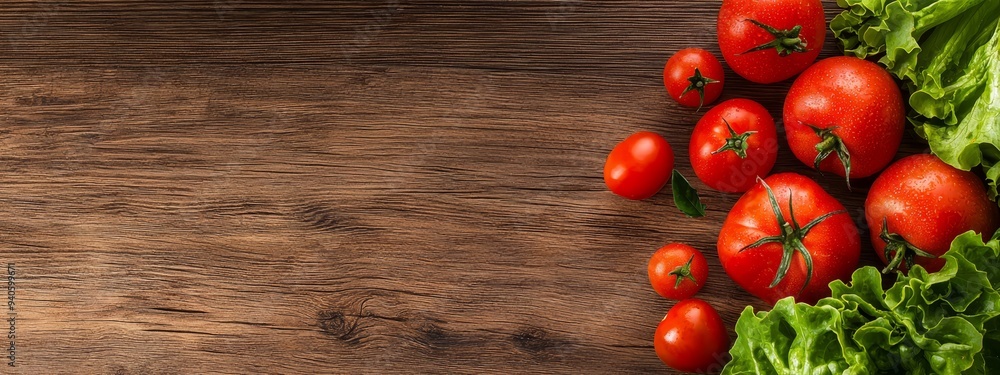 A wooden table holds an arrangement of tomatoes and lettuce, ready for a caption or visual accompaniment A wooden table holds an arrangement of tomatoes and lettuce, ready for a caption or visual accompaniment