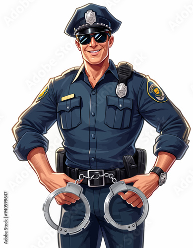 Police Officer in Uniform Holding Handcuffs and Badge