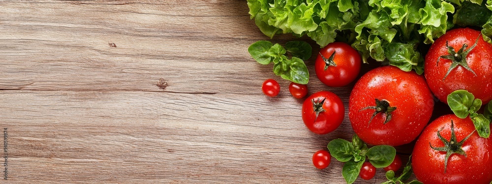 A collection of tomatoes and lettuce arranged on a wooden table, alongside an assembled bundle of lettuce A collection of tomatoes and lettuce arranged on a wooden table, alongside an assembled bundle of lettuce