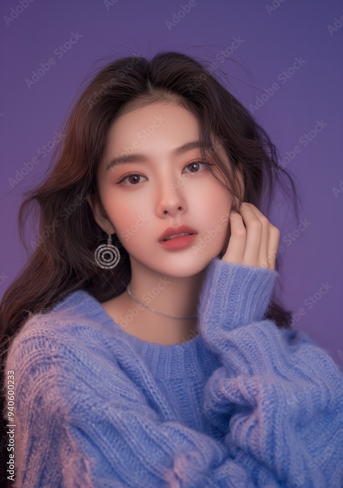 Young woman posing and touching her face on purple background Young woman posing and touching her face on purple background