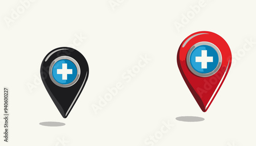 Free Download Red and Black Location Pins with Blue Cross Symbols - GFXLoad