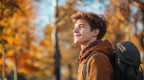 Smiling man walks in autumn nature.