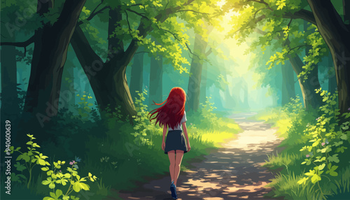 Red-haired girl walking through a lush, sunlit forest path