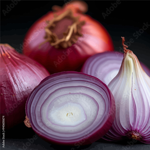 Red onions with purple rings, close-up, shallow depth of field