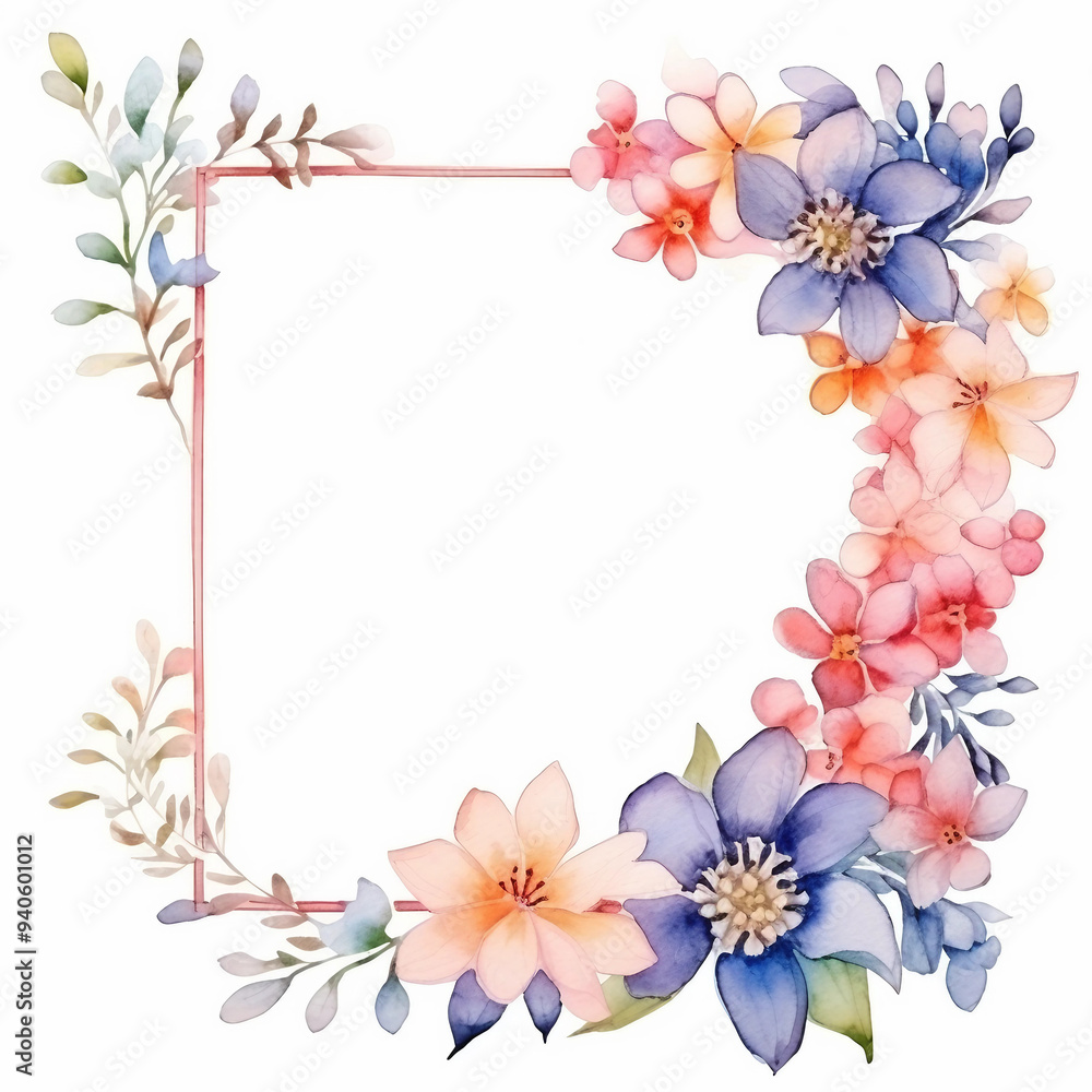 Fototapeta premium Handpainted ercolor frame with blooming flowers