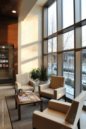 Wallpaper Mural A neat clinic waiting room with a modern design, comfortable armchairs, and a selection of magazines. Patients are waiting quietly, Generative AI Torontodigital.ca