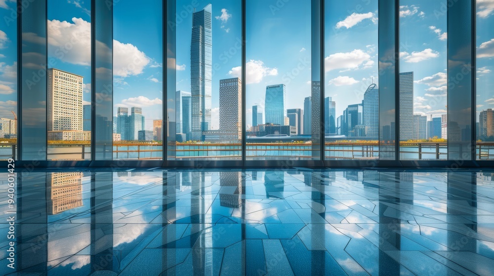 a tranquil cityscape reflected in the glass windows of a modern workspace. a tranquil cityscape reflected in the glass windows of a modern workspace.