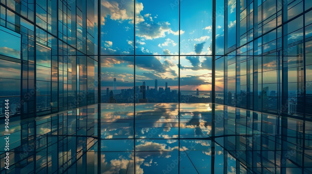 a tranquil cityscape reflected in the glass windows of a modern workspace. a tranquil cityscape reflected in the glass windows of a modern workspace.