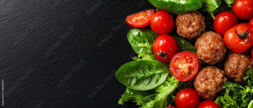 A black surface holds a arrangement of meatballs, tomatoes, and lettuce, framed by a green leafy border A black surface holds a arrangement of meatballs, tomatoes, and lettuce, framed by a green leafy border