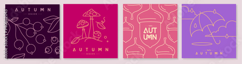 Set of retro line art autumn covers or cards with autumn floral desoration. Vector illustration