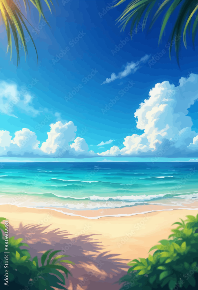 Serene Beach Scene with Palm Trees and Blue Ocean Serene Beach Scene with Palm Trees and Blue Ocean