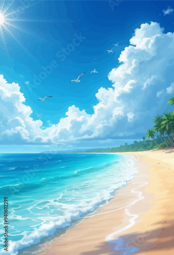 Serene Beach Scene with Palm Trees and Blue Sky