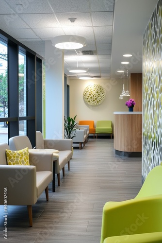 A modern clinic waiting room with soft seating, a play area for children, and soothing colors. Patients and parents are waiting patiently, Generative AI