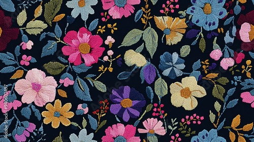 Seamless embroidery pattern featuring exquisite blooms, a handcrafted floral motif on a deep backdrop, perfect for stylish textiles and paper.