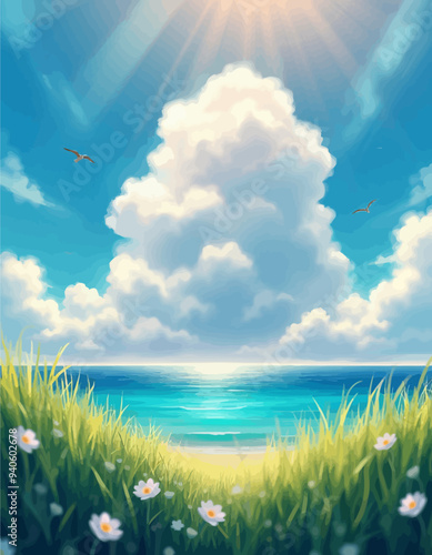 Serene Ocean View with Clouds and Birds