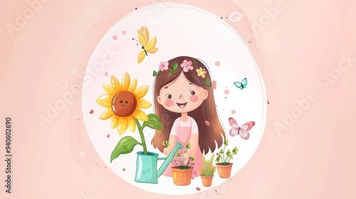 Happy Girl Watering Flowers with Butterflies and Sunflower.