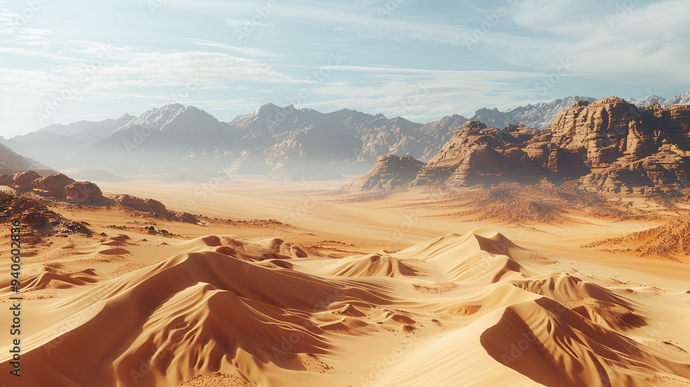 Fototapeta premium a desert landscape with wind-sculpted sand dunes and a distant mountain range