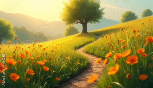 Serene Pathway Through a Field of Vibrant Orange Flowers