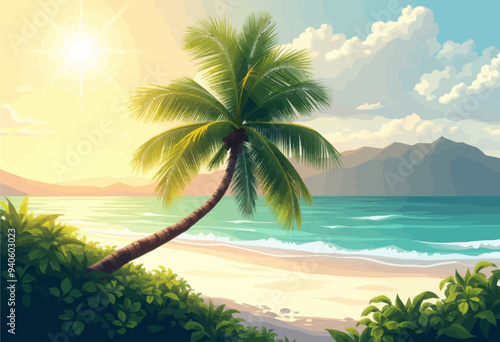 Serene Tropical Beach Scene with Palm Tree and Ocean View