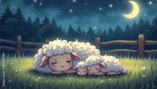 Sheep Family Sleeping Under the Stars