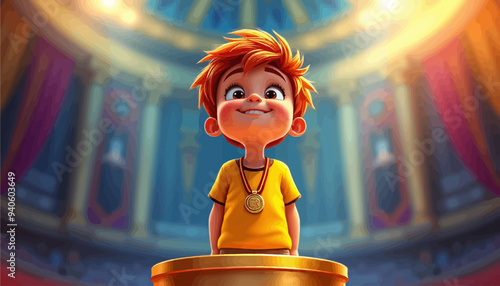 Smiling Boy with Orange Hair and Gold Medal, Standing on Podium in Grand Hallway