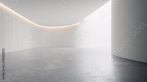 A minimalist interior space featuring smooth walls and a sleek concrete floor illuminated by soft, ambient light.