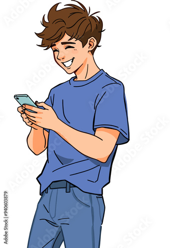 Smiling Man in Blue Shirt and Jeans, Holding Phone